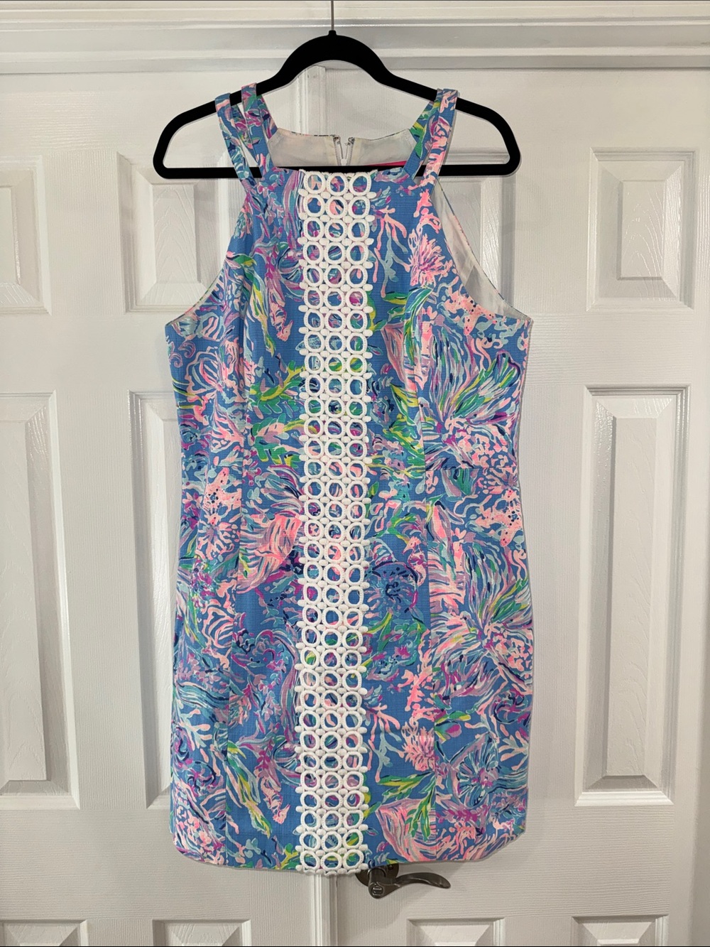 Lilly Pulitzer Blue Floral Shift Dress with White Lace Detail